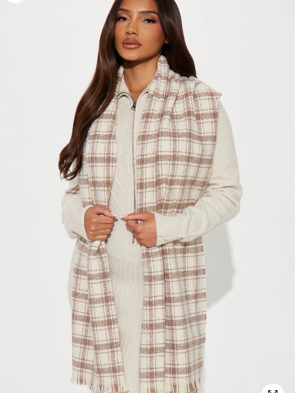 Cozy Plaid Fringe Scarf in Cream & Taupe